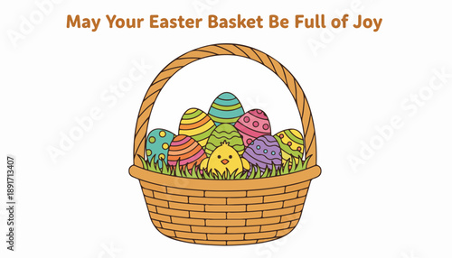 Easter basket full of colorful eggs and cute chick. Holiday greeting vector illustration