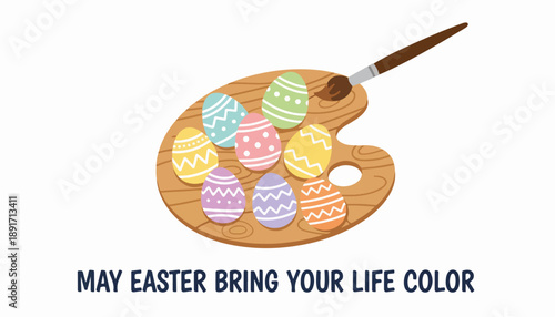 Easter artist palette with colorful eggs and paintbrush. Creative holiday concept vector illustration