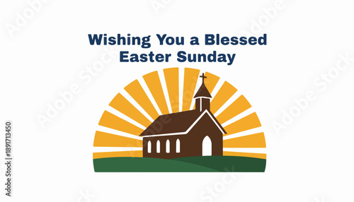 Blessed Easter Sunday greeting with church and sunrise. Religious holiday vector illustration
