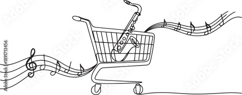 Continuous one line drawing shopping trolley containing saxophone. Purchases for learning resources. Classical music. Melody. Buy A Musical Instrument Day. one line Icon drawing