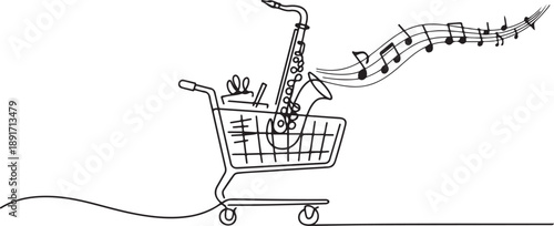 Continuous one line drawing shopping trolley containing saxophone. Purchases for learning resources. Classical music. Melody. Buy A Musical Instrument Day. one line Icon drawing