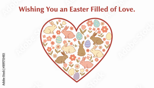 Easter filled with love greeting card. Heart shape with bunnies and eggs. Vector illustration