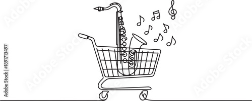 Continuous one line drawing shopping trolley containing saxophone. Purchases for learning resources. Classical music. Melody. Buy A Musical Instrument Day. one line Icon drawing