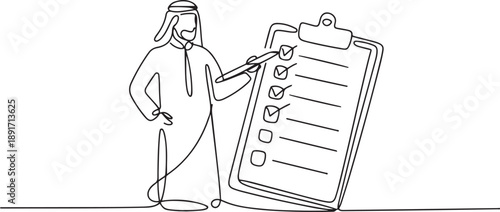 Continuous one line drawing Arab businessman filled out questionnaire. Man standing near big checklist. Male with pencil writes test on clipboard. one line Icon drawing