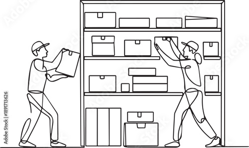 Two workers organizing storage shelves with boxes and files in a warehouse from a side view