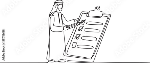 Continuous one line drawing Arab businessman filled out questionnaire. Man standing near big checklist. Male with pencil writes test on clipboard. one line Icon drawing