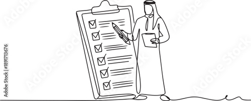 Continuous one line drawing Arab businessman filled out questionnaire. Man standing near big checklist. Male with pencil writes test on clipboard. one line Icon drawing
