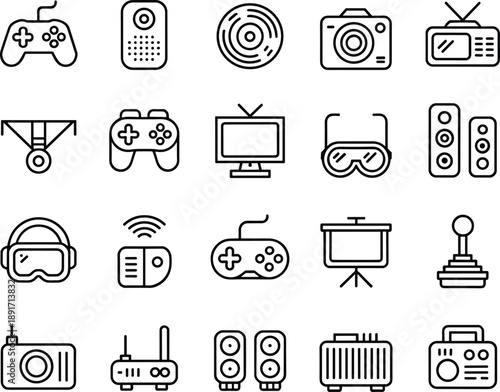 Gadget and electronics line icons, gaming devices, media tools, entertainment symbols, black outline vector set, modern technology collection