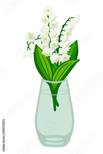 Vector illustration of a bouquet of lilies of the valley flowers in a glass vase. Spring floral decor element. Основные RGB