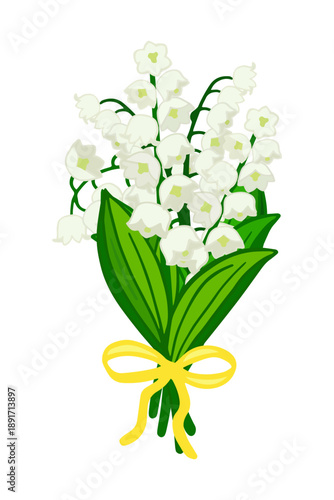 Vector illustration of a bouquet of lilies of the valley flowers with a yellow ribbon. Spring floral decor element. Основные RGB