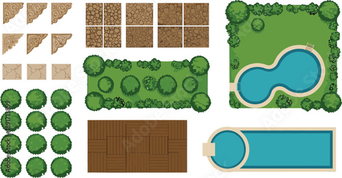 Garden top view elements, tile patterns, tree assets, swimming pool blueprint, landscaping objects, outdoor design set, tropical plan tools, flat architectural symbols collection
