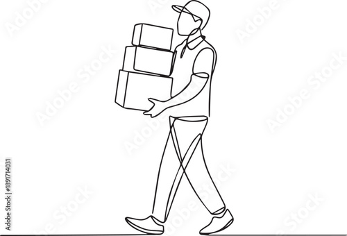 Delivery person carrying packages walking forward with a purposeful stride