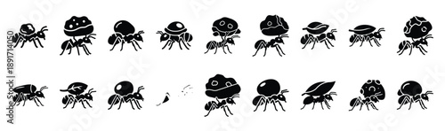 ant carrying food pose silhouette illustration collection. Animals drawing illustration isolated on white background.