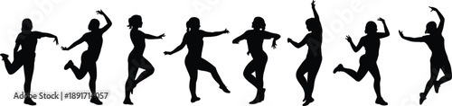 Female dancer silhouettes, women dancing, graceful movement, expressive pose, modern dance vector, black silhouette, isolated illustration, fitness activity, jumping women, stylish choreography