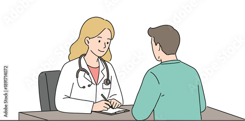 Female doctor consulting male patient in hospital office, healthcare professional writing prescription, medical advice conversation, health checkup scene, clinic consultation with stethoscope