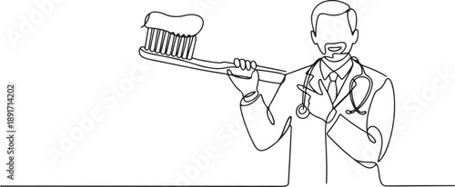 Single one line drawing male doctor in full medical attire holding big toothbrush. Provides directions on how to brush teeth properly. National Dentist Day. one line Icon drawing
