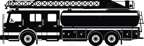 Fire truck silhouette with ladder, emergency rescue vehicle, firefighting equipment illustration, fire engine side view, black and white design.