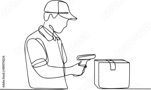 Delivery person scanning a package with a handheld scanner beside a bag
