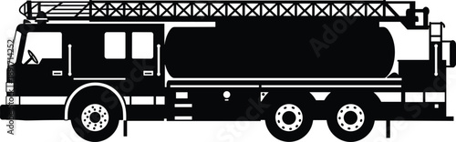 Fire truck silhouette, emergency vehicle illustration, ladder fire engine, firefighting equipment, rescue truck, safety vehicle, fire response, emergency services, black and white.