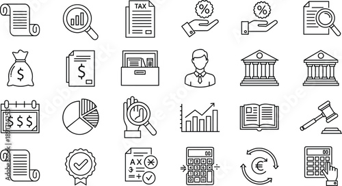 Finance and accounting icons, tax outline symbols, money management, business calculation, audit, investment, banking, law, legal, financial planning