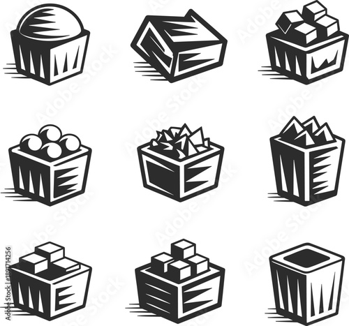 Food container icons set, bold graphic style, assorted food items, minimalist black and white design, packaging symbols, vector illustration for culinary themes