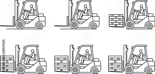 Forklift with operator, pallet handling, warehouse logistics, cargo transport, lifting machine, storage equipment, line art, industrial vector, loading process