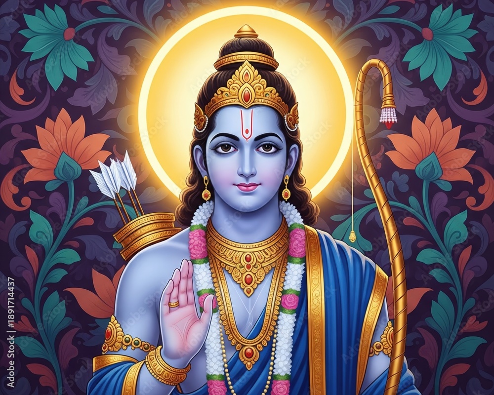 Fototapeta premium Shree Ram Royal Calm Authority Devotional Illustration with Halo, Divine Hindu Art