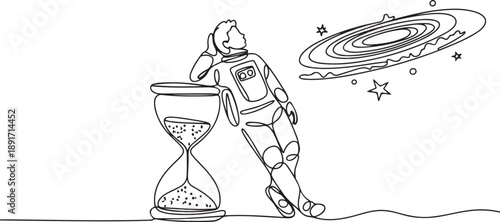Continuous one line drawing young energetic astronaut lean on giant hourglass. Counting the waiting time for expedition to outer space. Galaxy deep space. one line Icon drawing