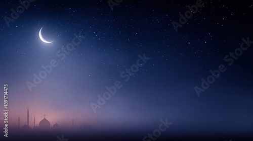Ramadan background with new moon, stars and mosque silhouette