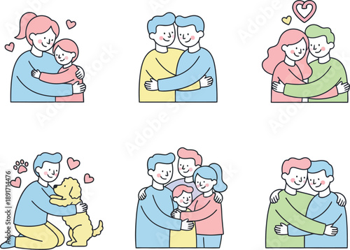 Illustrations of Diverse Families and Relationships Embracing and Showing Affection family