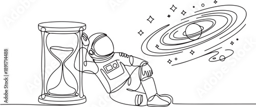 Continuous one line drawing young energetic astronaut lean on giant hourglass. Counting the waiting time for expedition to outer space. Galaxy deep space. one line Icon drawing