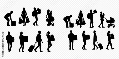 Silhouettes of diverse people carrying various items, including luggage, shopping bags, and boxes, on a transparent background.