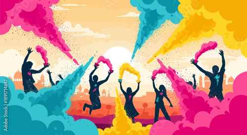 Vibrant silhouettes of people celebrating with colorful powder in the air at a lively festival scene viewed from a low angle