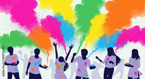 Vibrant celebration with people throwing colorful powder in the air