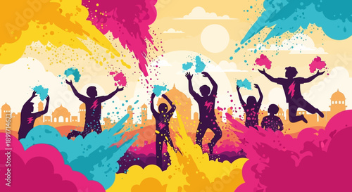 Vibrant celebration of colorful powder throwing in joyful outdoor scene with people in dynamic poses against urban landscape