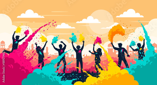Vibrant silhouettes of people celebrating with colorful powder in a lively urban environment viewed from a low angle.