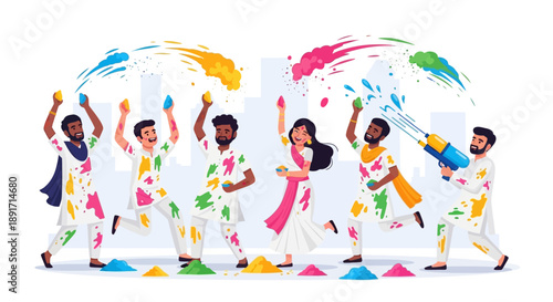 Vibrant group of people celebrating Holi festival with colorful powders and joyful expressions from a frontal viewpoint
