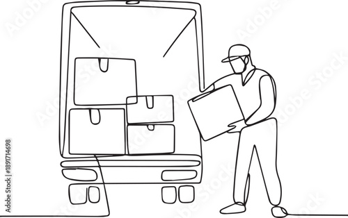 Man delivering packages from truck to recipient in simple line art style