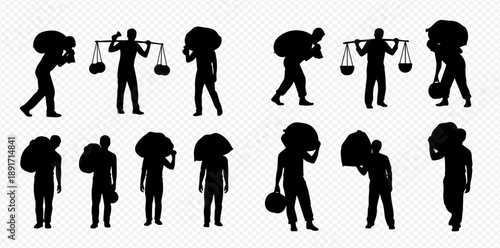 Set of Silhouettes of People Carrying Heavy Loads and Items, Manual Laborers Vector Illustration.