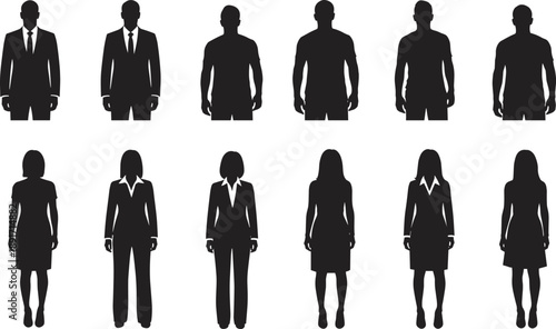 Silhouettes of casually and professionally dressed male and female figures, ideal for fashion, signage, demographic illustration, business design, or visual reference use.
