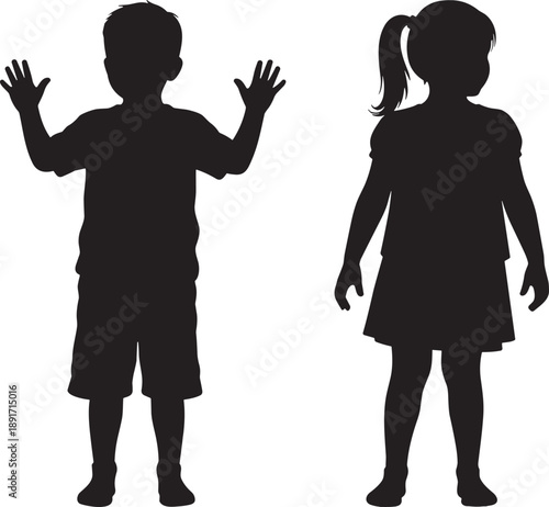 Silhouettes of two children standing side by side, ideal for educational, gender-neutral, artistic, demographic, or childhood posture illustration and design use.