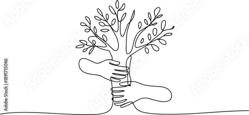 Continuous one line drawing two hands hugging the leafy tree trunks. Symbolism of humans protecting plants with all their hearts. Protector. one line Icon drawing