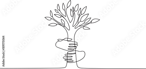 Continuous one line drawing two hands hugging the leafy tree trunks. Symbolism of humans protecting plants with all their hearts. Protector. one line Icon drawing
