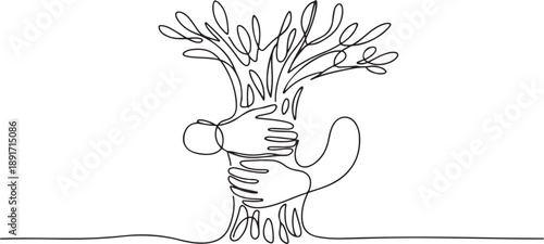 Continuous one line drawing two hands hugging the leafy tree trunks. Symbolism of humans protecting plants with all their hearts. Protector. one line Icon drawing