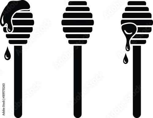 Black honey dipper icons set isolated on white background, minimal vector illustration representing honey, beekeeping, sweetness, natural food, and organic product concepts