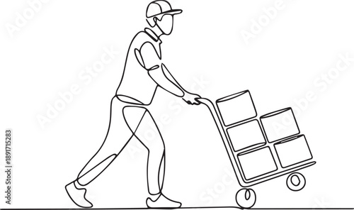 Man pushing cart with boxes in a warehouse from a side view