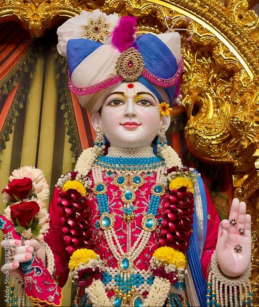 Obraz premium Beautiful close-up view of indian lord or god swaminarayan face glow, smile and blessing idol in the temple. isolated blurry multicolor designed costume, curtains and gold interior view in background.