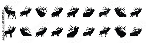 elk bugling pose silhouette illustration collection. Animals drawing illustration isolated on white background.