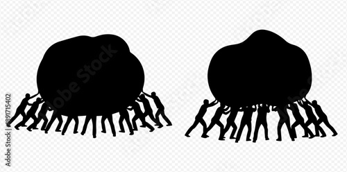 Silhouettes of people pushing and lifting heavy boulders, symbolizing teamwork and effort.