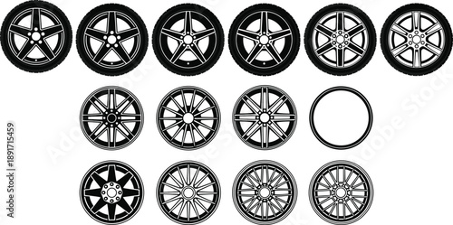 Black car wheel rim icons set isolated on white background, detailed vector illustration showing alloy wheels, tire designs, automotive parts, and vehicle customization concepts